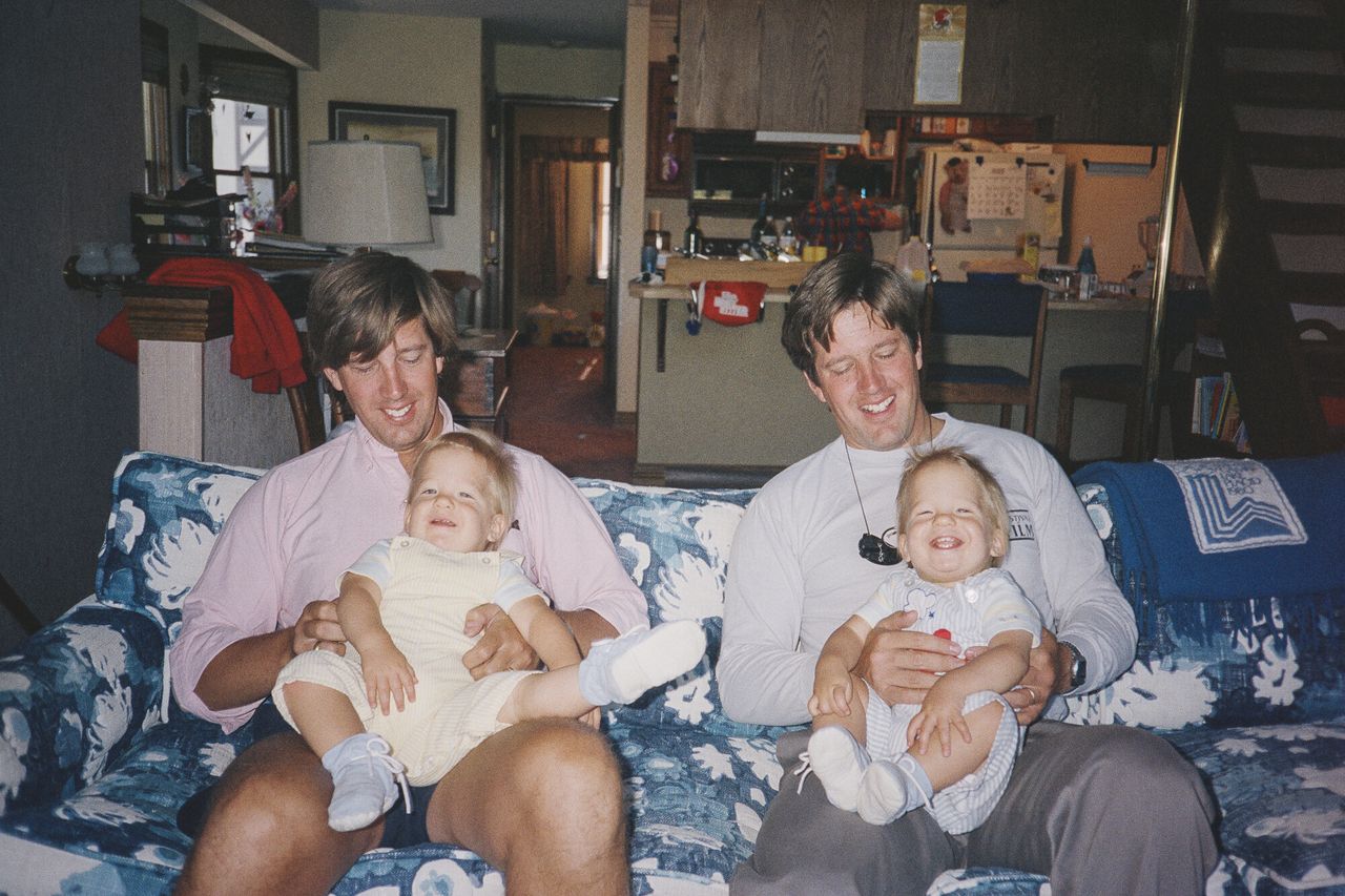 Trent and Spencer’s uncle Conrad (their dad, Brownell’s, twin brother) holding Spencer and Brownell holding Trent in the living room of their family’s home in Breckenridge, Colorado.