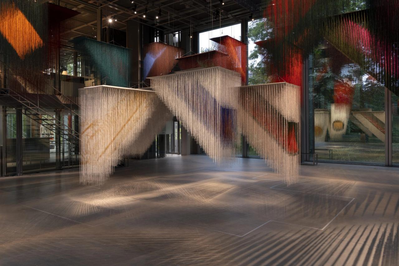 Installation views of "Olga de Amaral" (2024) at the Cartier Foundation in Paris, with architecture and exhibition scenography by Ghotmeh. (Photo: Marc Domage. Courtesy Cartier Foundation)