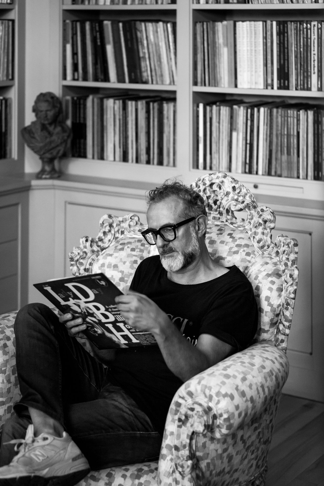 Bottura with his record collection at Casa Maria Luigia. (Photo: Michael Gardenia)