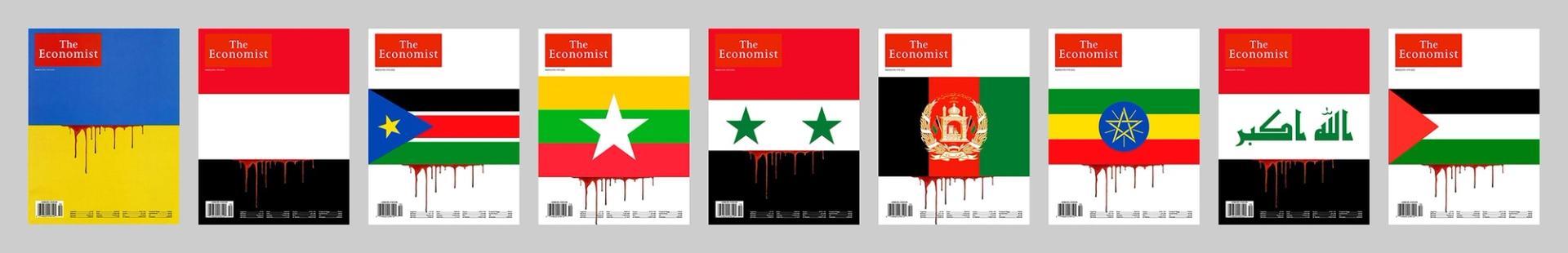 Jaar’s series “Mea Culpa” (2022). (Original cover by The Economist far left). (© Alfredo Jaar, Courtesy Galerie Lelong & Co. and the artist, New York)