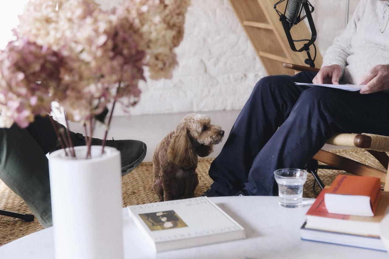 Pawson’s dog, Lochie, during the recording of this episode of Time Sensitive. (Photo: Suzie Howell for The Slowdown)