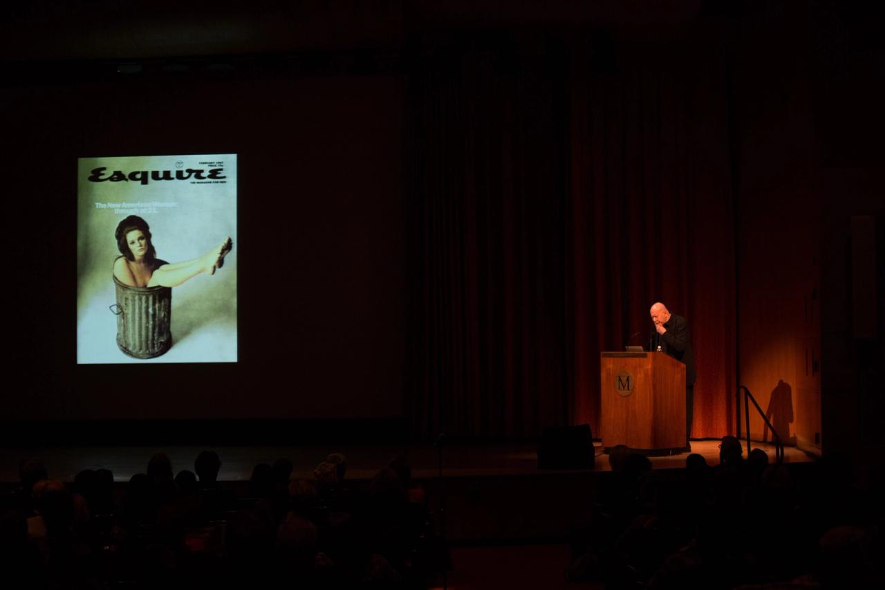 An image from the late art director George Lois’s Creative Mornings talk at New York’s Metropolitan Museum of Art in 2012. (Photo: Katherine Miles Jones.)