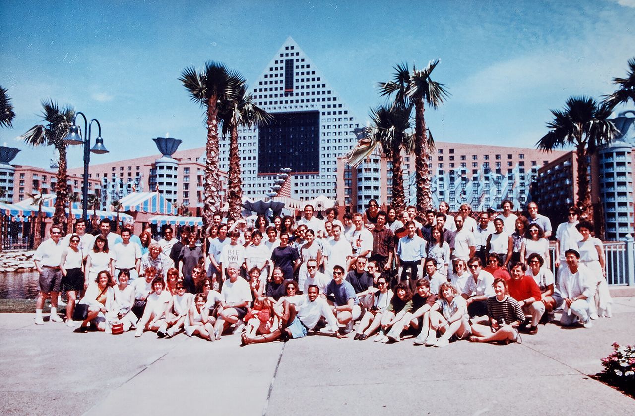 The entire Michael Graves team assembled in front of the Walt Disney World Swan and Dolphin Hotel in Orlando, Florida. (Courtesy John Hoke)