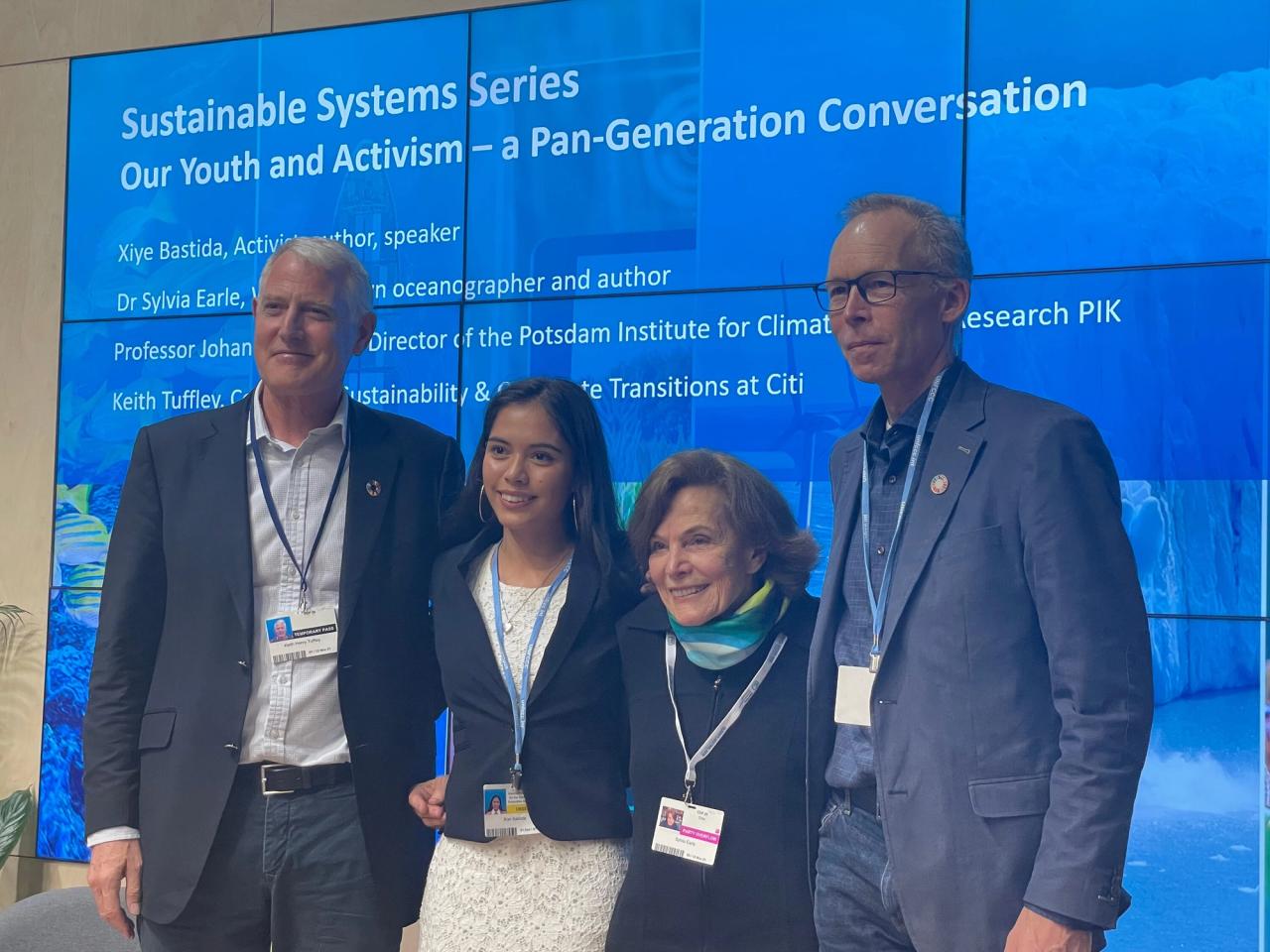 From left, Keith Tuffley, co-head of sustainability and corporate transitions at Citi; Bastida; oceanographer and author Dr. Sylvia Earle; and Johan Rockström, director of the Potsdam Institute for Climate Impact Research. (Courtesy Xiye Bastida)