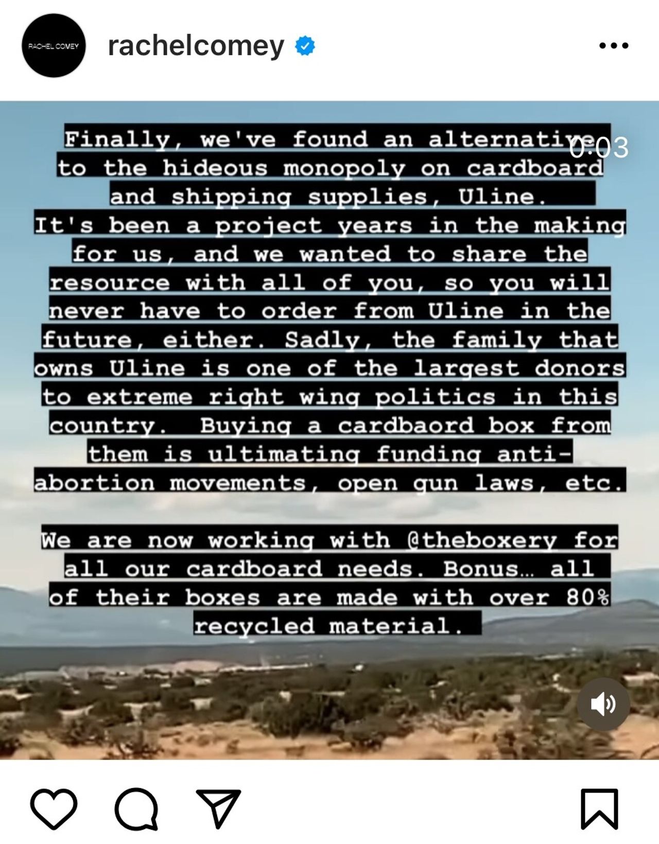 Comey’s recent Instagram post about Uline. (Courtesy Rachel Comey)