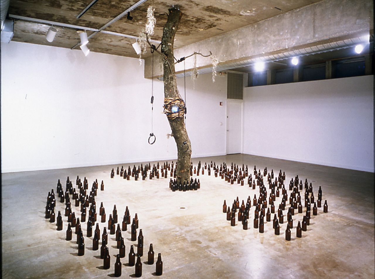 Installation view of “Bittersweet the Fruit” at Biggers’s “Afrotemple” (2002) exhibition at the Contemporary Arts Museum in Houston, Texas. (Courtesy the artist and Studio Sanford Biggers)