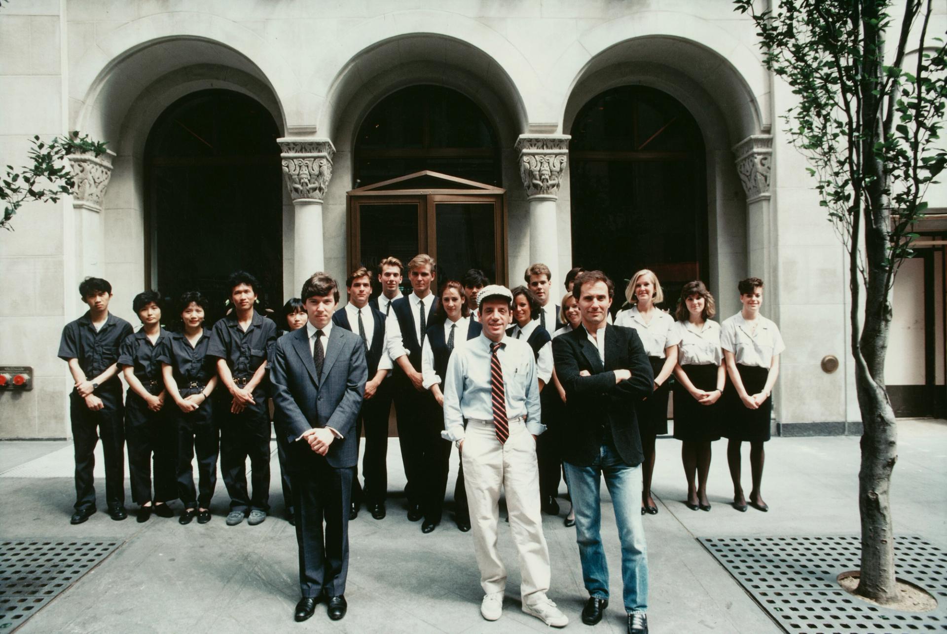 Schrager (front right) and Steve Rubell (front center) with the staff of the Morgans Hotel at its 1982 opening. (Courtesy Ian Schrager Company)