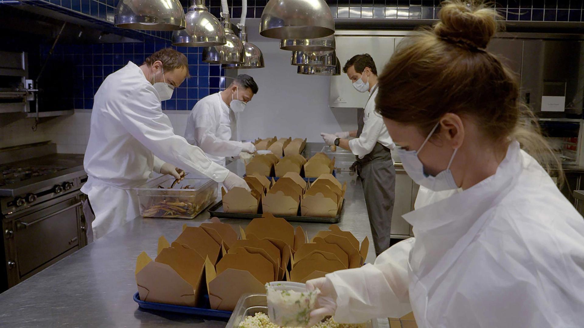 Humm and his team at Eleven Madison Park during its phase as a community kitchen. (Courtesy Daniel Humm)