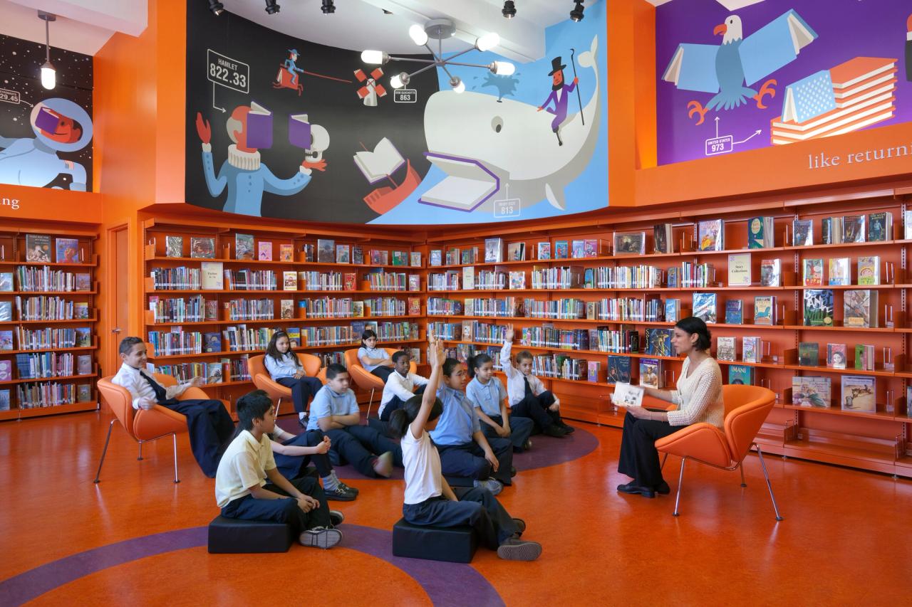 The Robin Hood Foundation library at P.S. 69X, designed in collaboration with the illustrator Christoph Niemann. (Photo: Peter Mauss. Courtesy Pentagram)