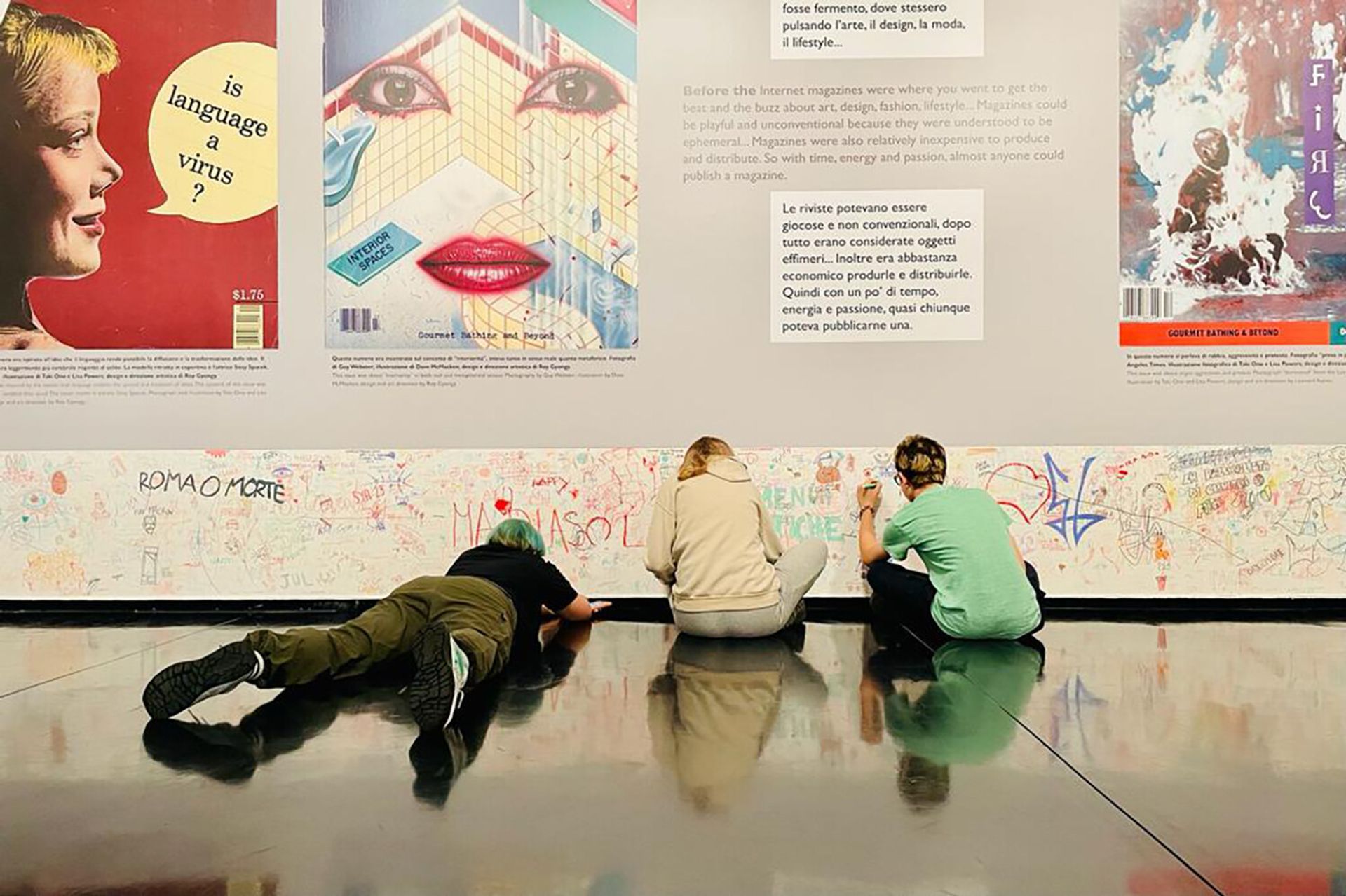 Visitors at "What Why WET?" (2023) at the Museum of Contemporary Art of Rome in Rome. (Courtesy Leonard Koren)