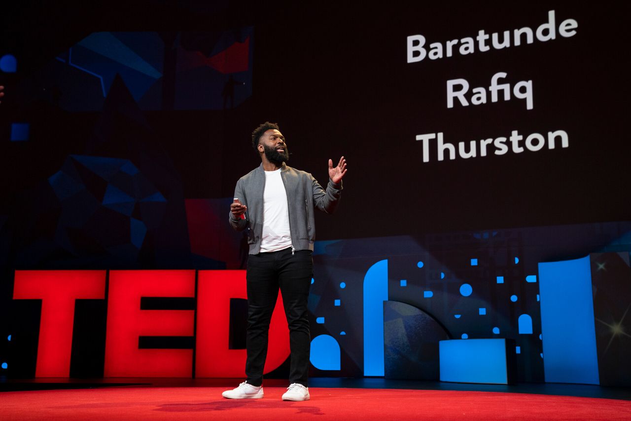 Thurston giving his TED Talk in Vancouver in April 2019. (Photo: Bret Hartman. Courtesy TED and Baratunde Thurston)