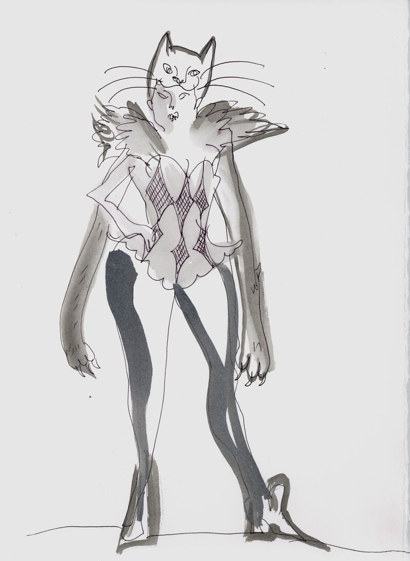 A sketch for Henrot’s Commedia dell’arte, Ink and watercolor on paper, 2025. (Copyright ADAGP/Courtesy Camille Henrot)