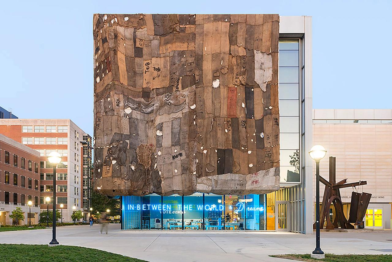 Ibrahim Mahama's jute sack installation, In-Between The World and Dreams (2020) at the University of Michigan Museum of Art. (Photo: Jeri Hollister and Patrick Young, Michigan Imaging. Courtesy the University of Michigan Museum of Art)