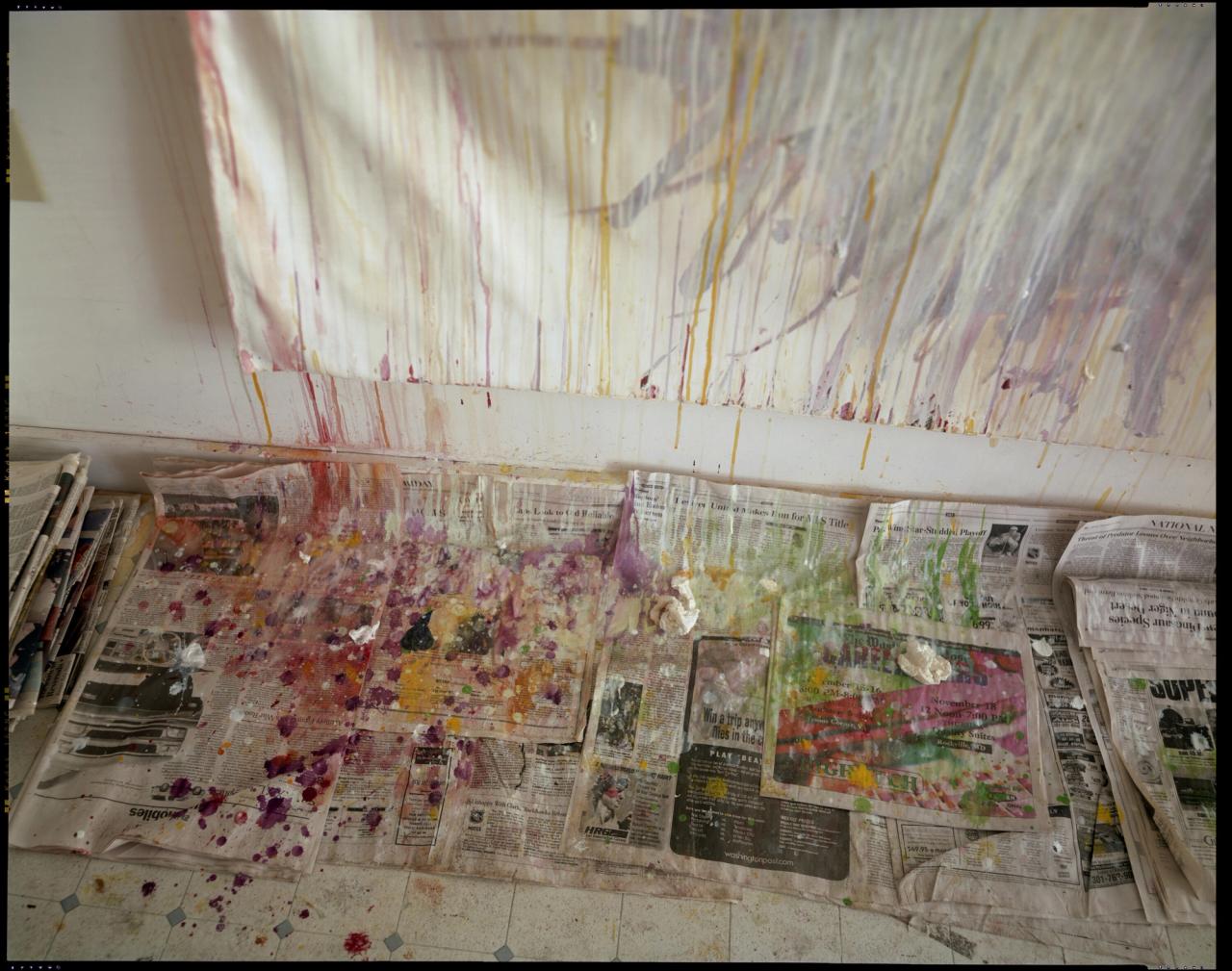“Remembered Light, Untitled (Drips and Newspaper)” (1999) in Sally Mann’s series “Remembered Light” (1999-2012) of Cy Twombly’s studio in Lexington, Virginia. (© Sally Mann. Courtesy Gagosian)