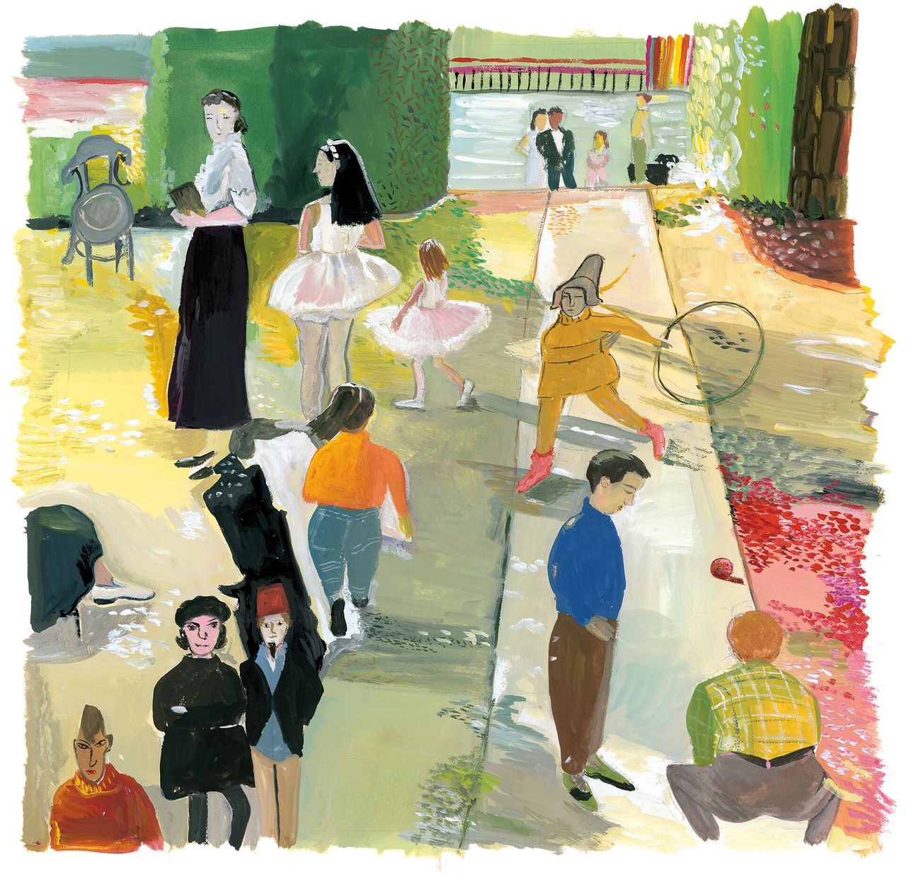 Colorful painting of people in a park