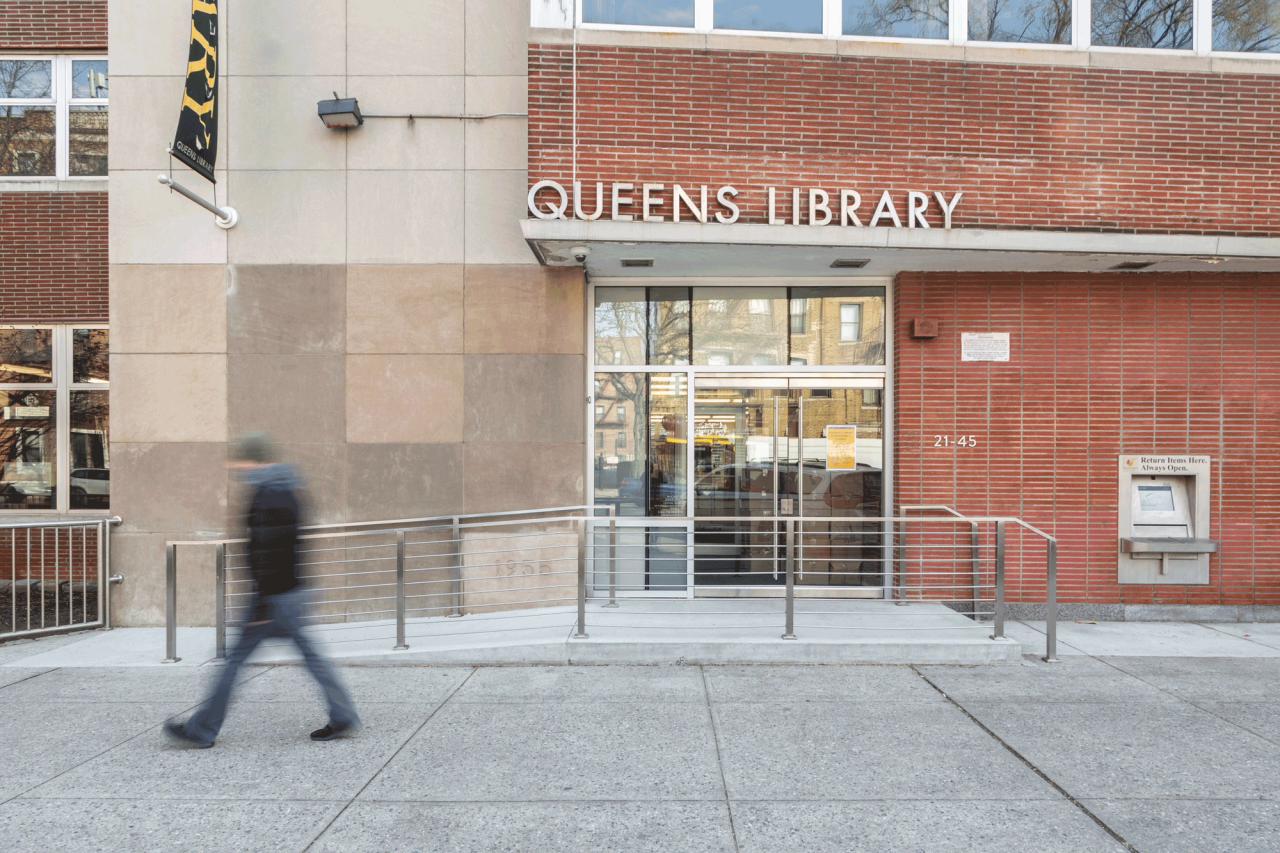 The entrance of the Astoria location of the Queens Public Library. (Courtesy Queens Public Library)