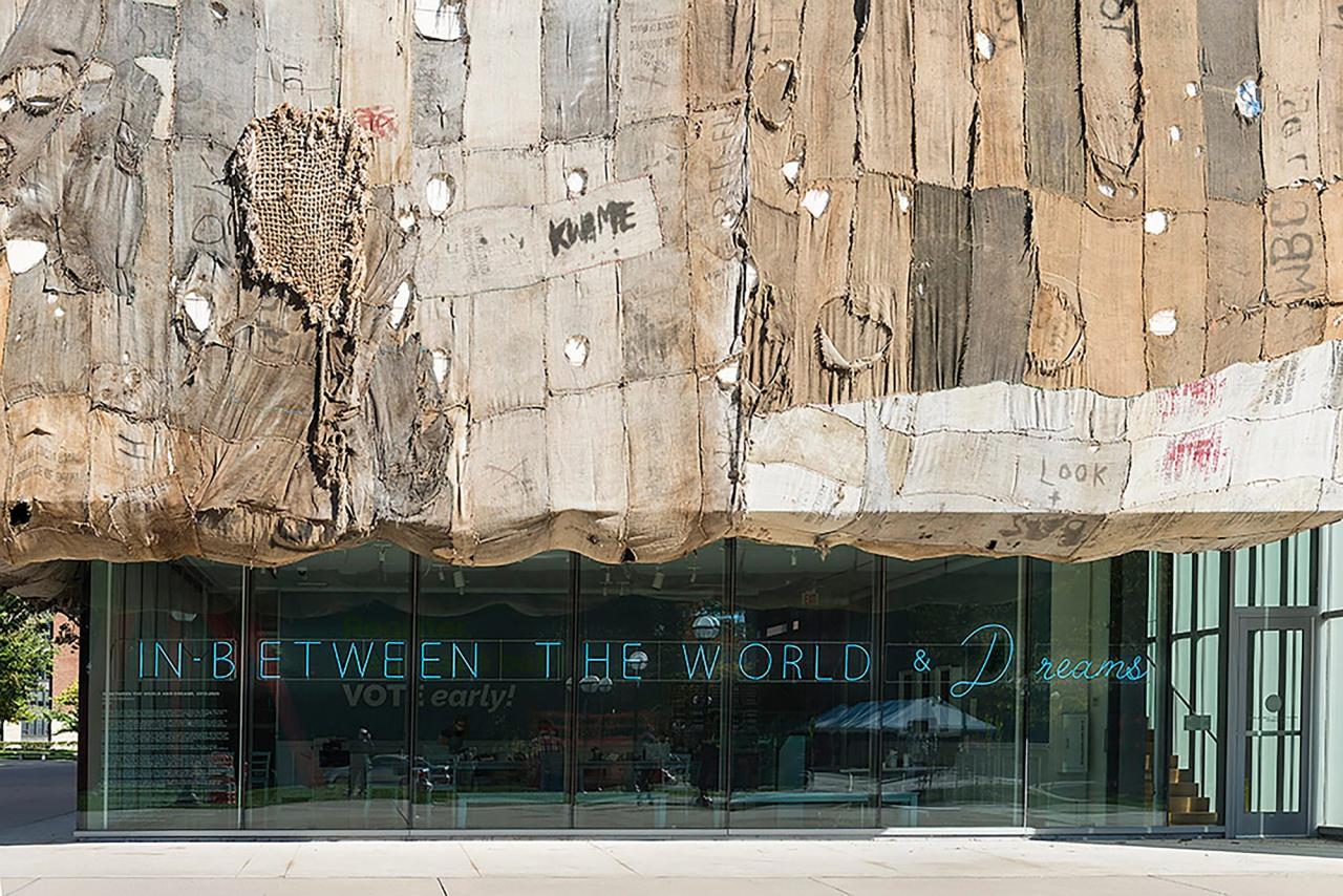 Ibrahim Mahama's jute sack installation, In-Between The World and Dreams (2020) at the University of Michigan Museum of Art. (Photo: Jeri Hollister and Patrick Young, Michigan Imaging. Courtesy the University of Michigan Museum of Art)