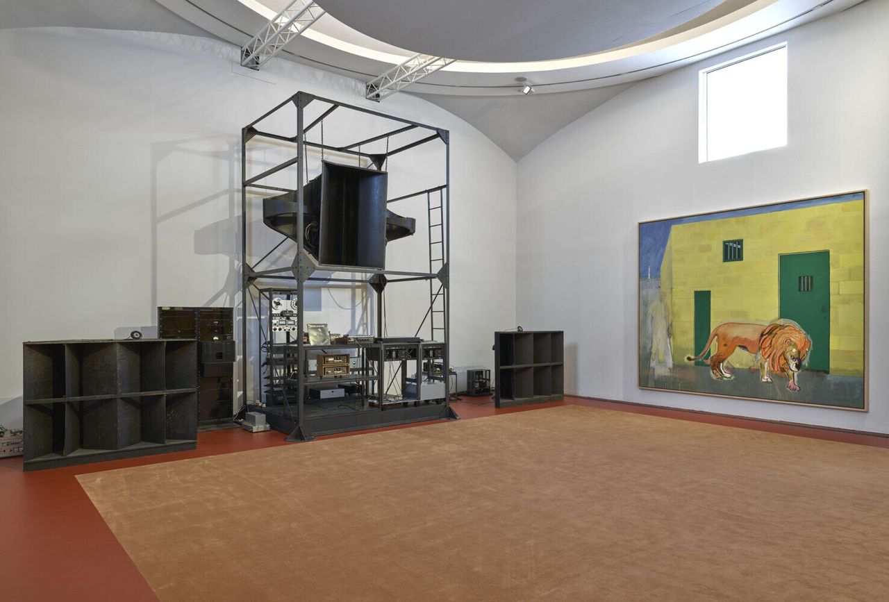 “Peter Doig: House of Music” (2025–2026) at the Serpentine South Gallery, featuring a sound system by Laurence Passera. (Photo: Prudence Cuming Associates)