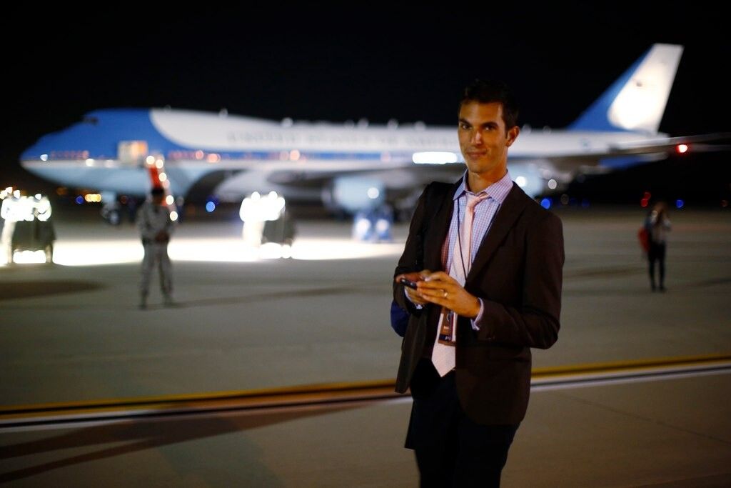 Shapiro as a young reporter, standing in front of Air Force 1. (Courtesy Ari Shapiro)