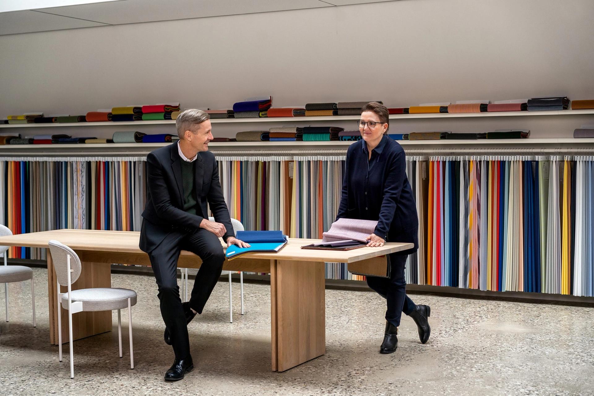 Byriel (left) with Kvadrat’s product director, Mette Bendix (right). (Photo: Jan Søndergaard. Courtesy Kvadrat)