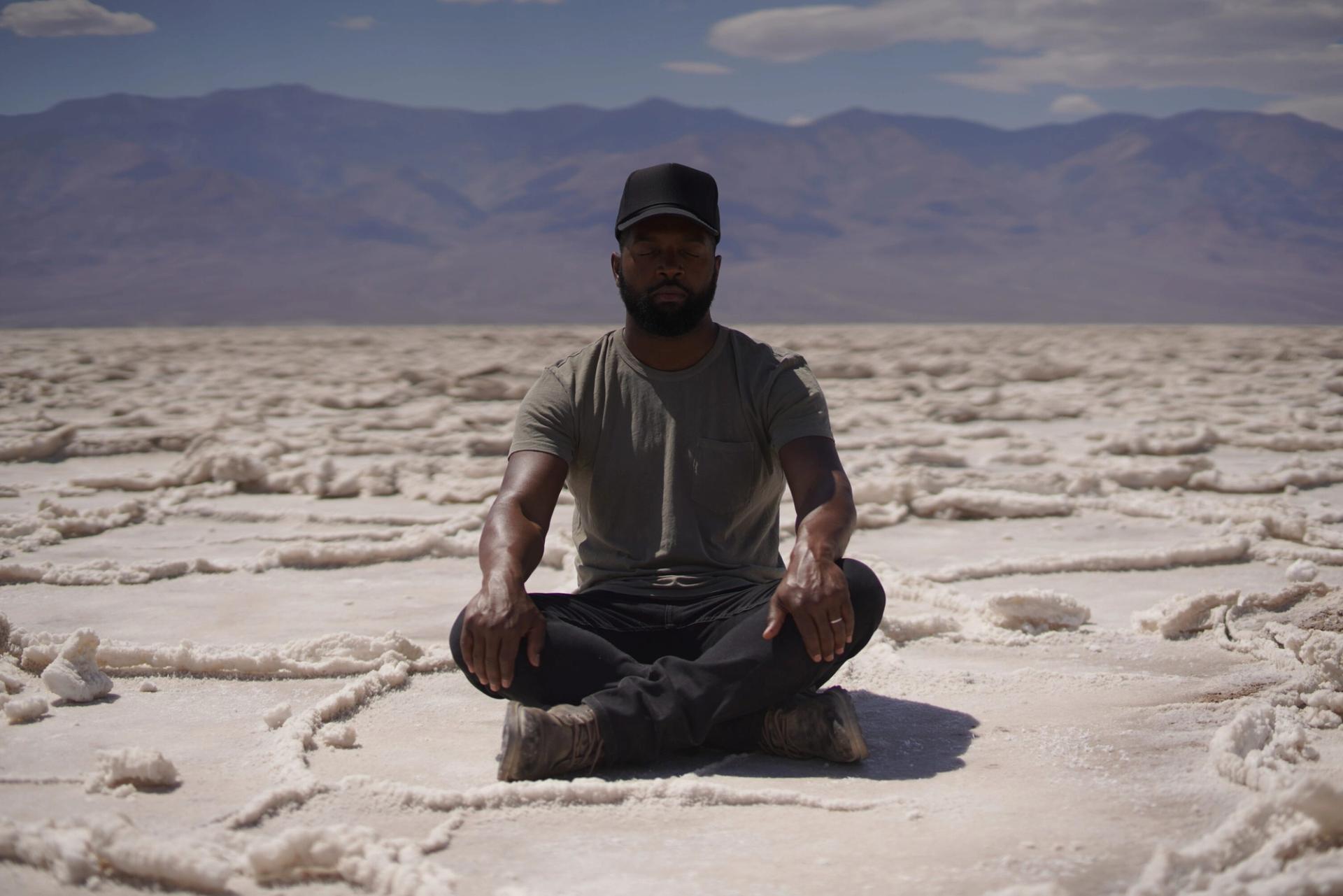 Thurston filming America Outdoors with Baratunde Thurston at Badwater Basin in California’s Death Valley National Park. (Courtesy Twin Cities PBS/Part2 Pictures)