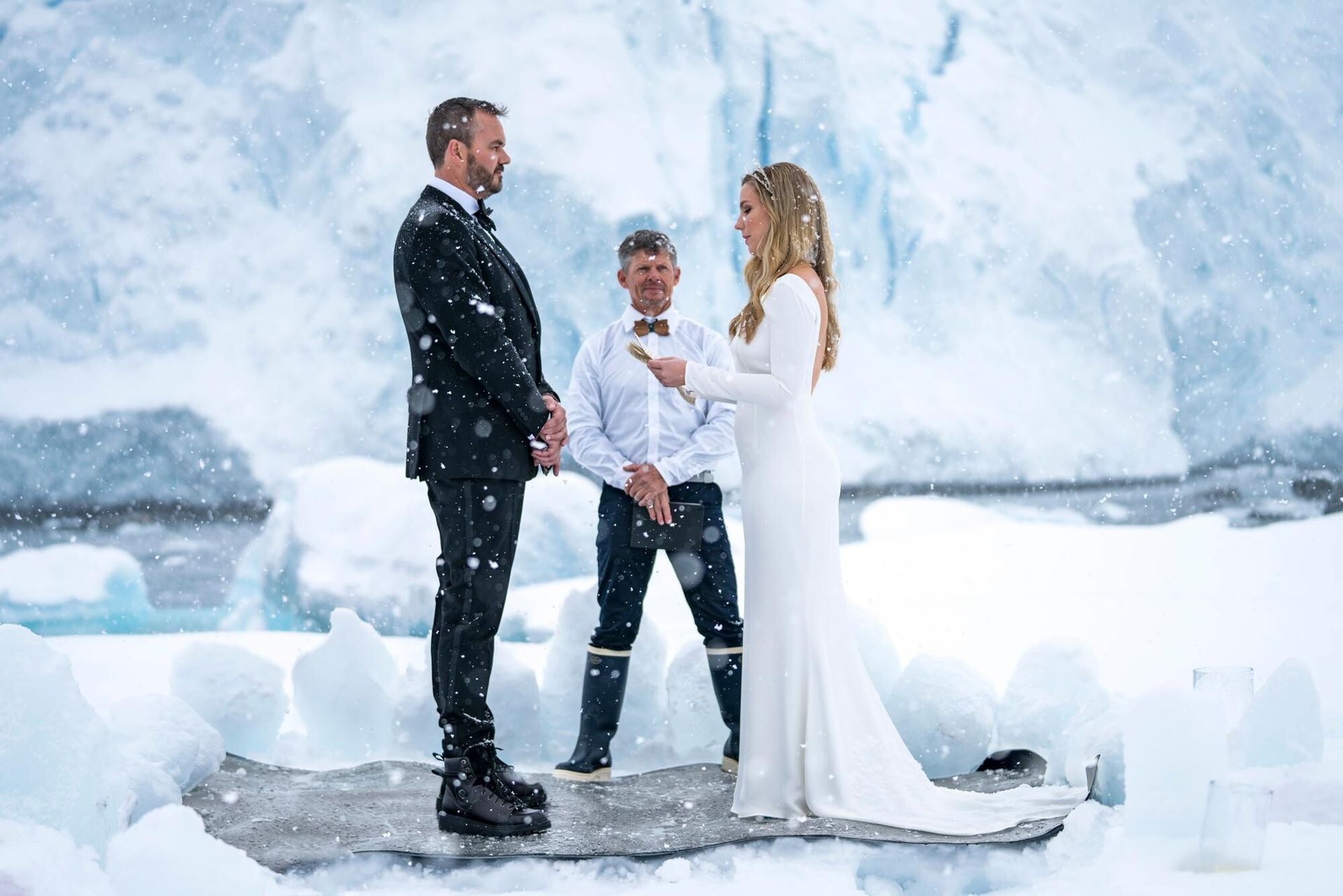 Vestergaard and his wife, Rachel, at their wedding on Antarctica. (Courtesy Mikkel Vestergaard Frandsen)