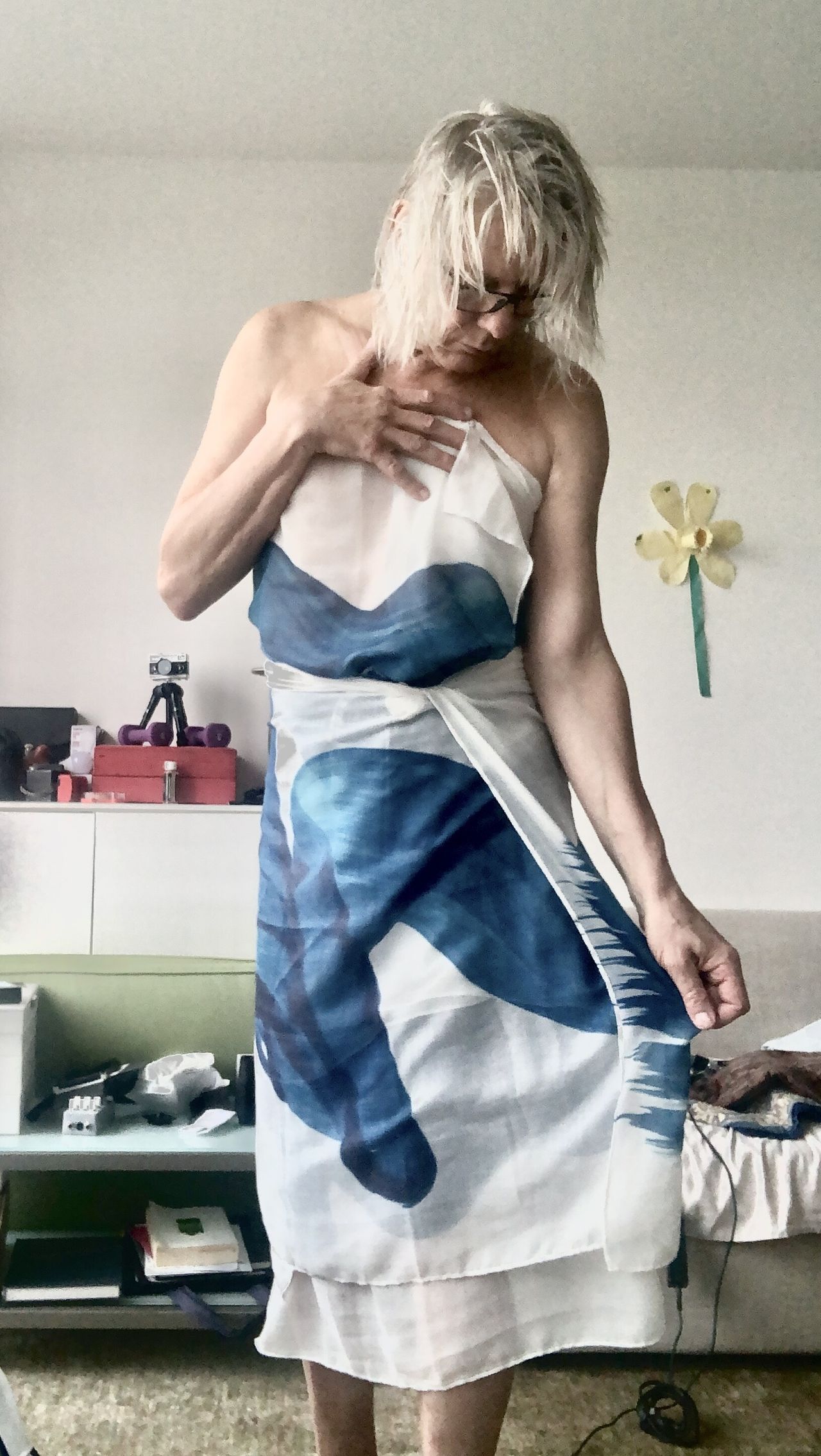 Nares wearing a dress with her own artwork on it in 2020. (Courtesy Jamie Nares)