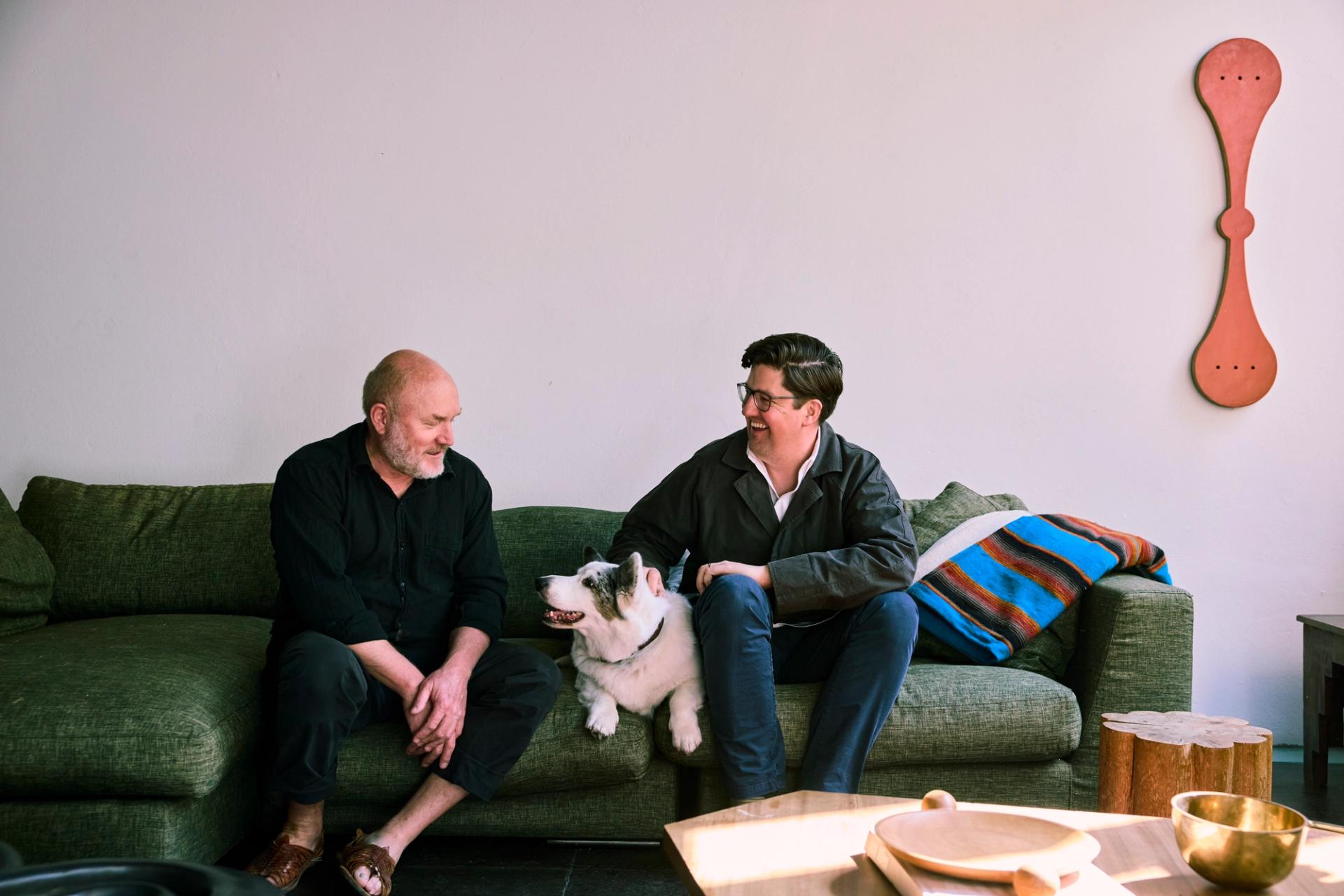 Allen, his dog, and Spencer Bailey inside Allen’s home in Mexico City during the recording of the 150th episode of Time Sensitive. (Photo: Pepe Molina for The Slowdown)