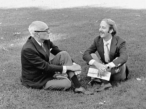Goldberger (right) with Philip Johnson on the lawn of the Glass House in the 1970s. (Courtesy Paul Goldberger)