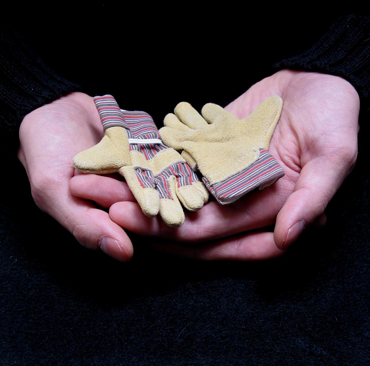 A pair of work gloves from Bill Burns’s series “Safety Gear for Small Animals” (1994), which featured in the MoMA exhibition “Safe: Design Takes On Risk” (2005). (Courtesy the artist and Bill Burns studio)