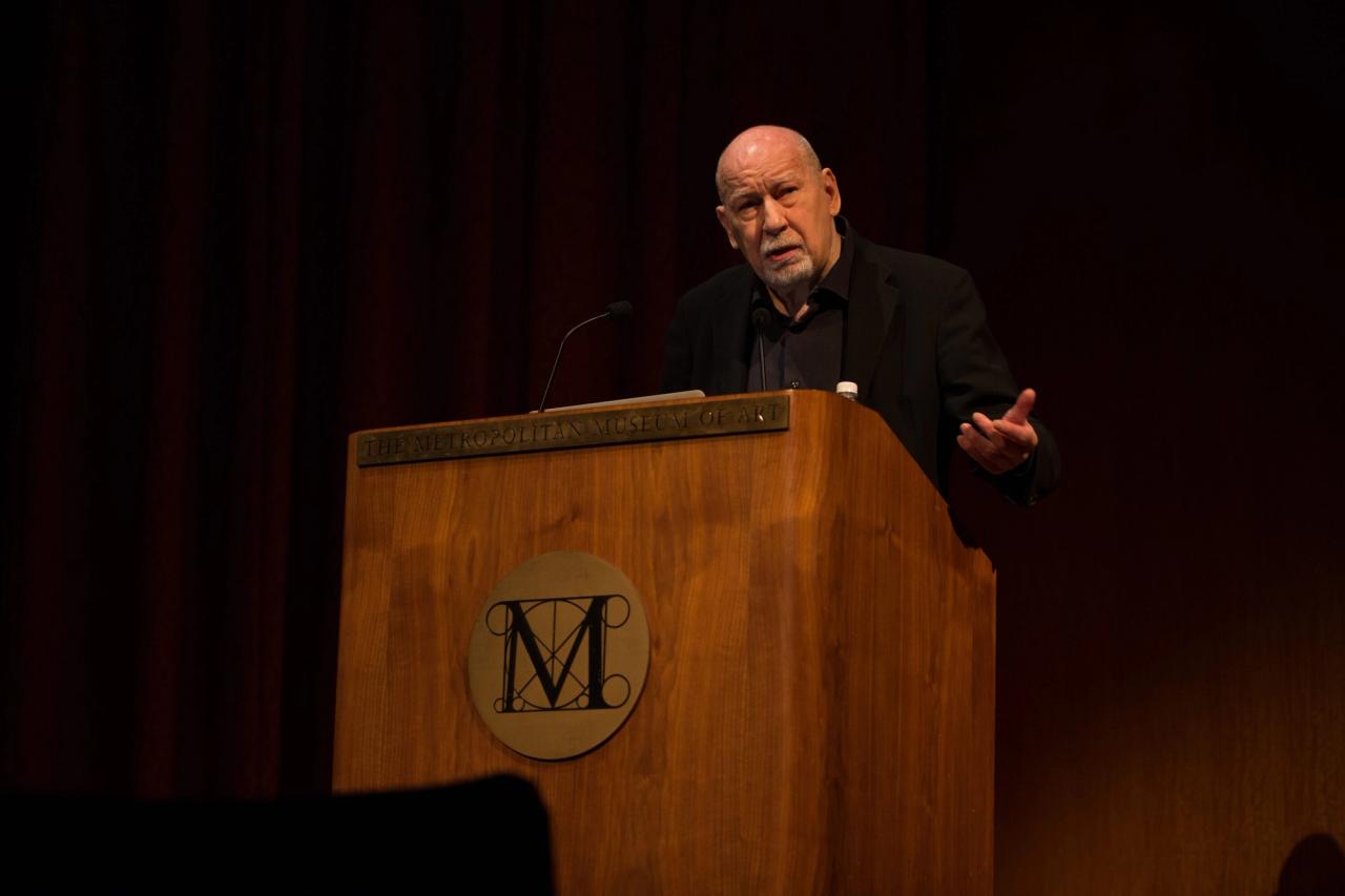 An image from the late art director George Lois’s Creative Mornings talk at New York’s Metropolitan Museum of Art in 2012. (Photo: Katherine Miles Jones.)