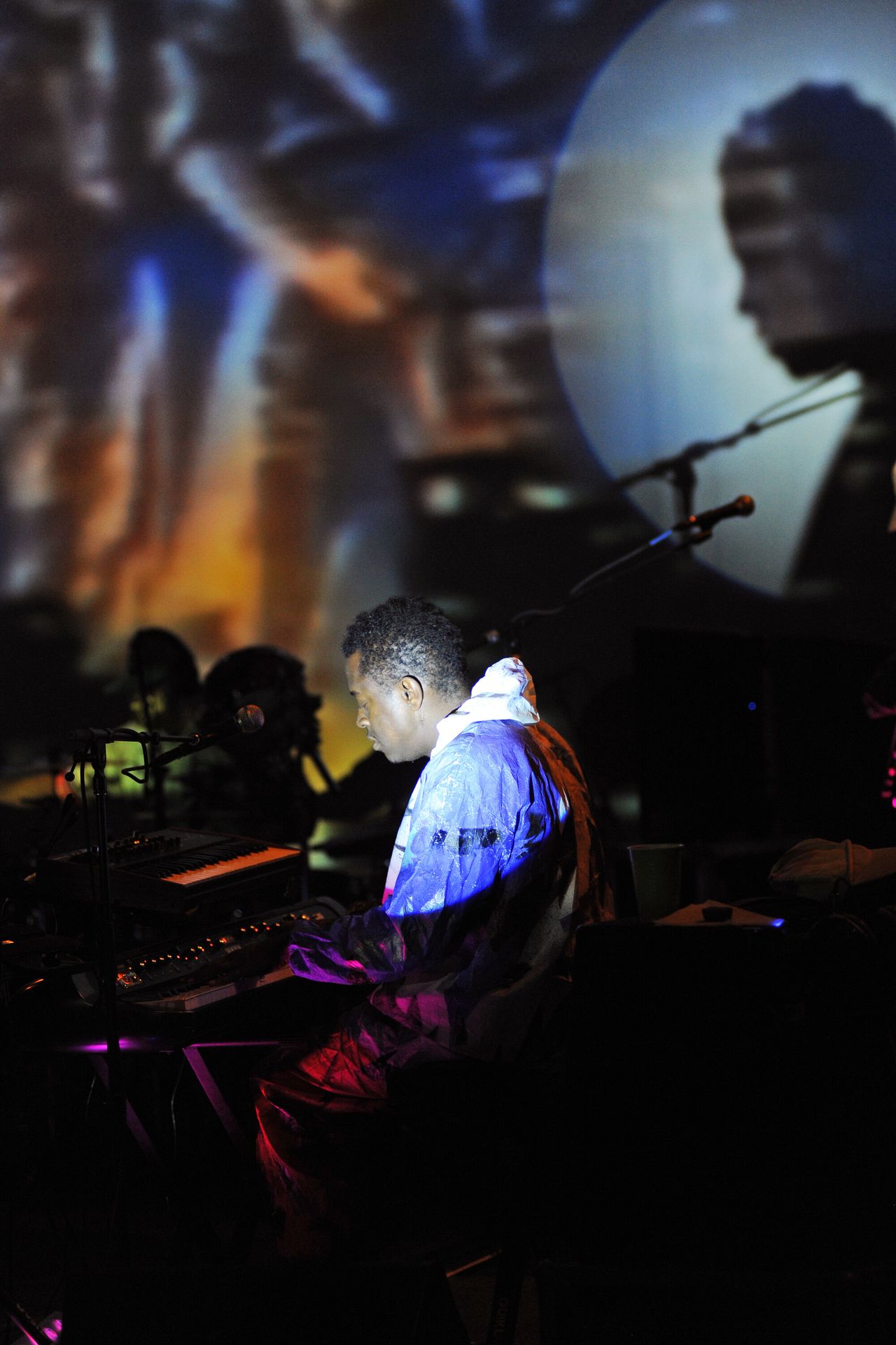 Biggers playing the keyboard during a 2014 Moon Medicin performance at Lincoln Center in New York City. (Courtesy Studio Sanford Biggers)