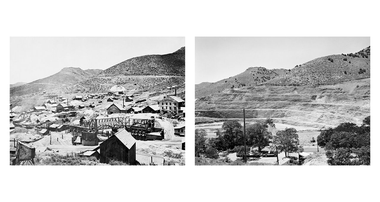 Left: The Comstock Mines in Virginia City, Nevada, photographed by Timothy O'Sullivan in 1868. Right: The mines photographed by Mark Klett for the Rephotographic Survey Project in 1979. (Courtesy Mark Klett)