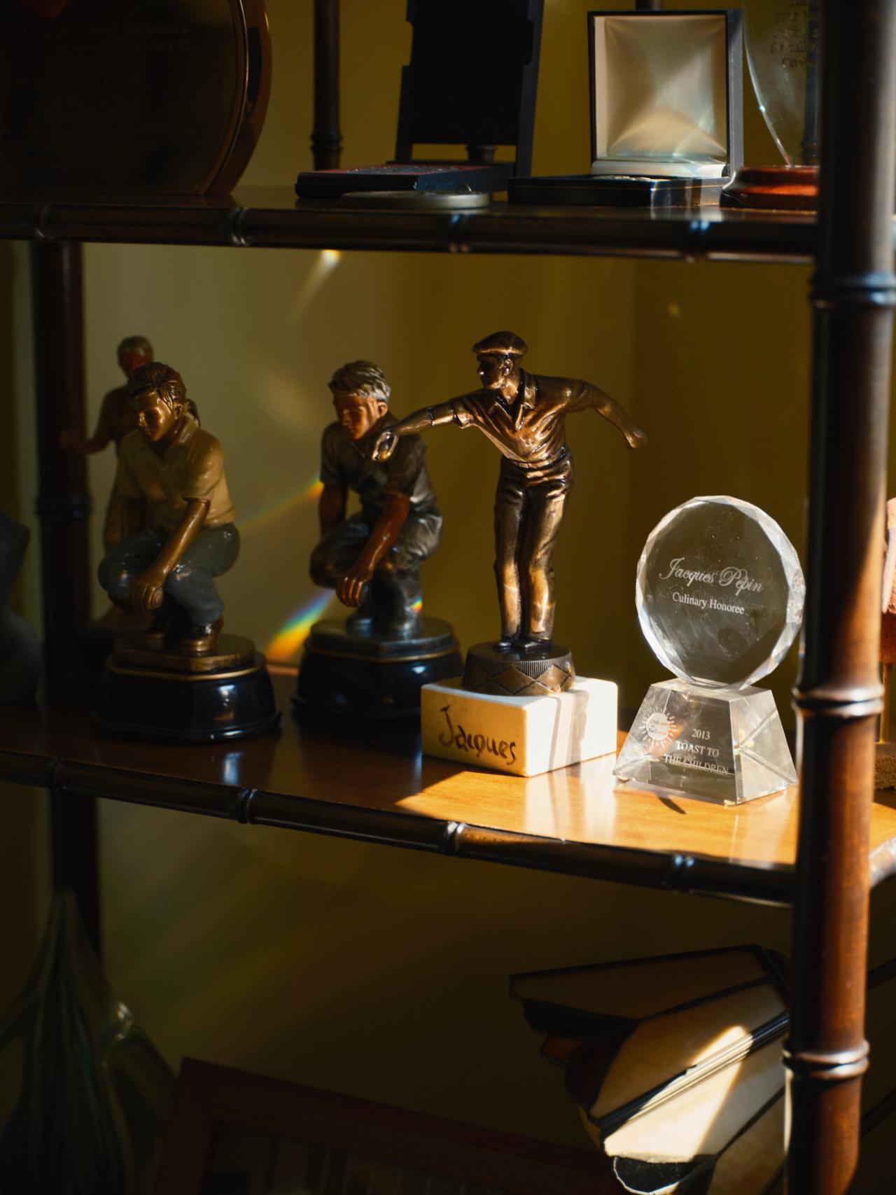 Various awards on display at Pépin’s home in Connecticut. (Photo: Matthew Harrington for The Slowdown)