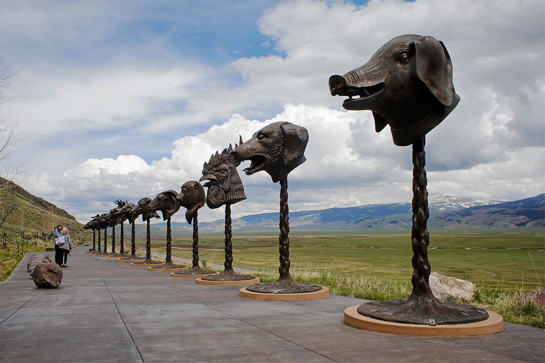 The Jackson Sculpture Terrace in Jackson, Wyoming, punctuated by artist Ai Weiwei’s “Circle of Animals / Zodiac Heads.” (Courtesy Walter Hood)