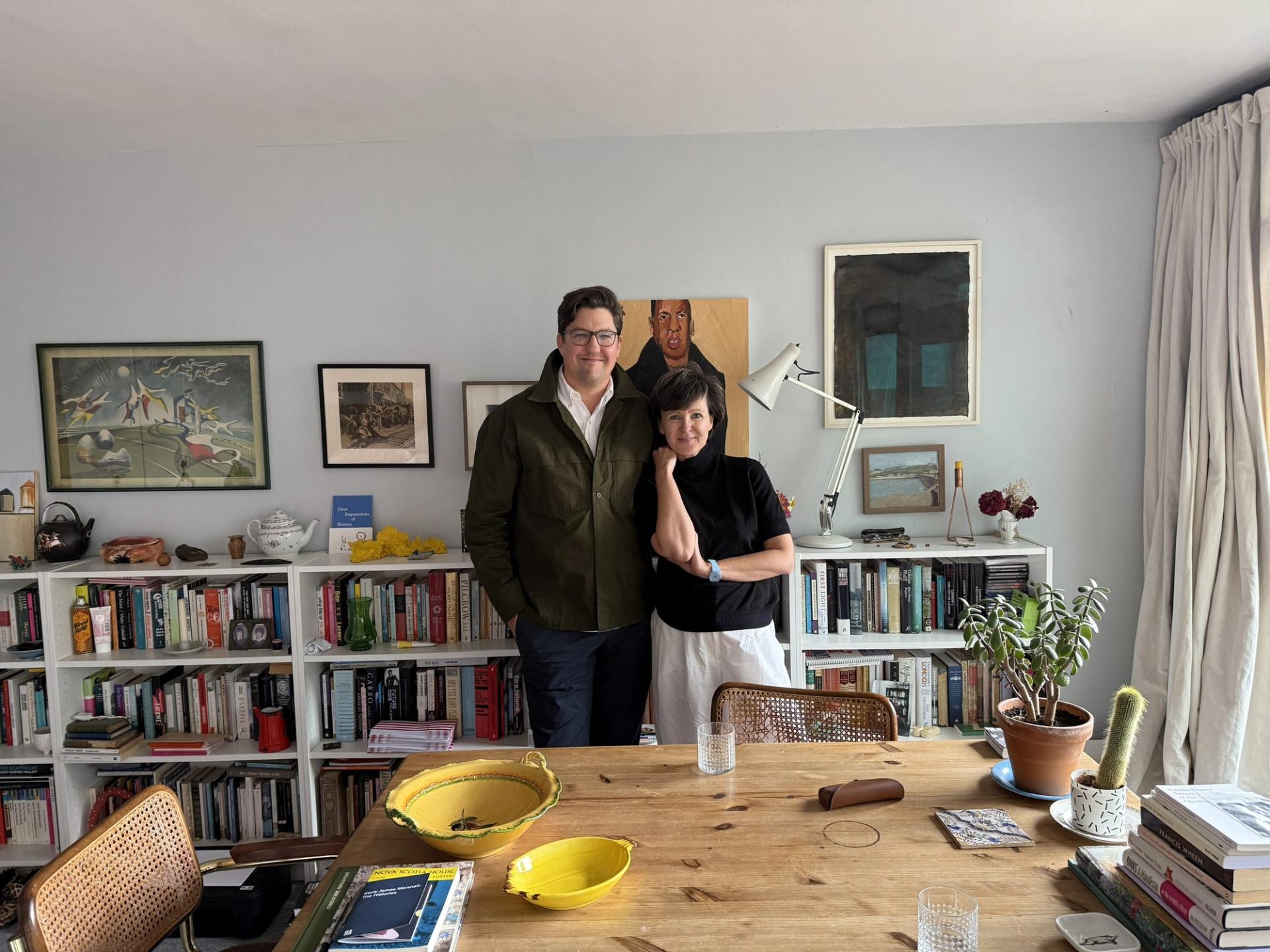 Spencer and Olivia Laing in Laing’s apartment in the Barbican on Sept. 26, 2025, following the recording of this episode. (Photo: Ramon Broza)