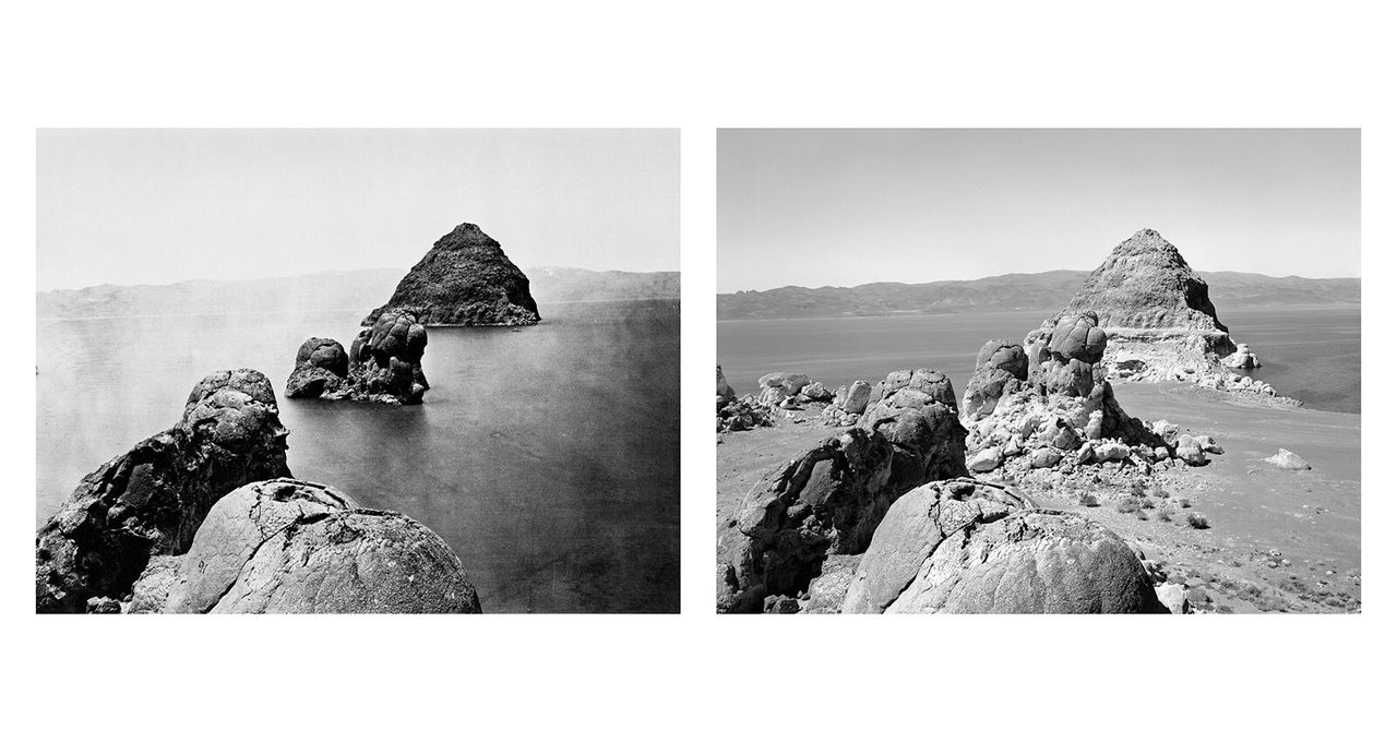 Left: Rock formations at Pyramid Lake, photographed by Timothy O'Sullivan in 1867. Right: The rock formations photographed by Mark Klett for the Rephotographic Survey Project in 1979. (Courtesy Mark Klett)