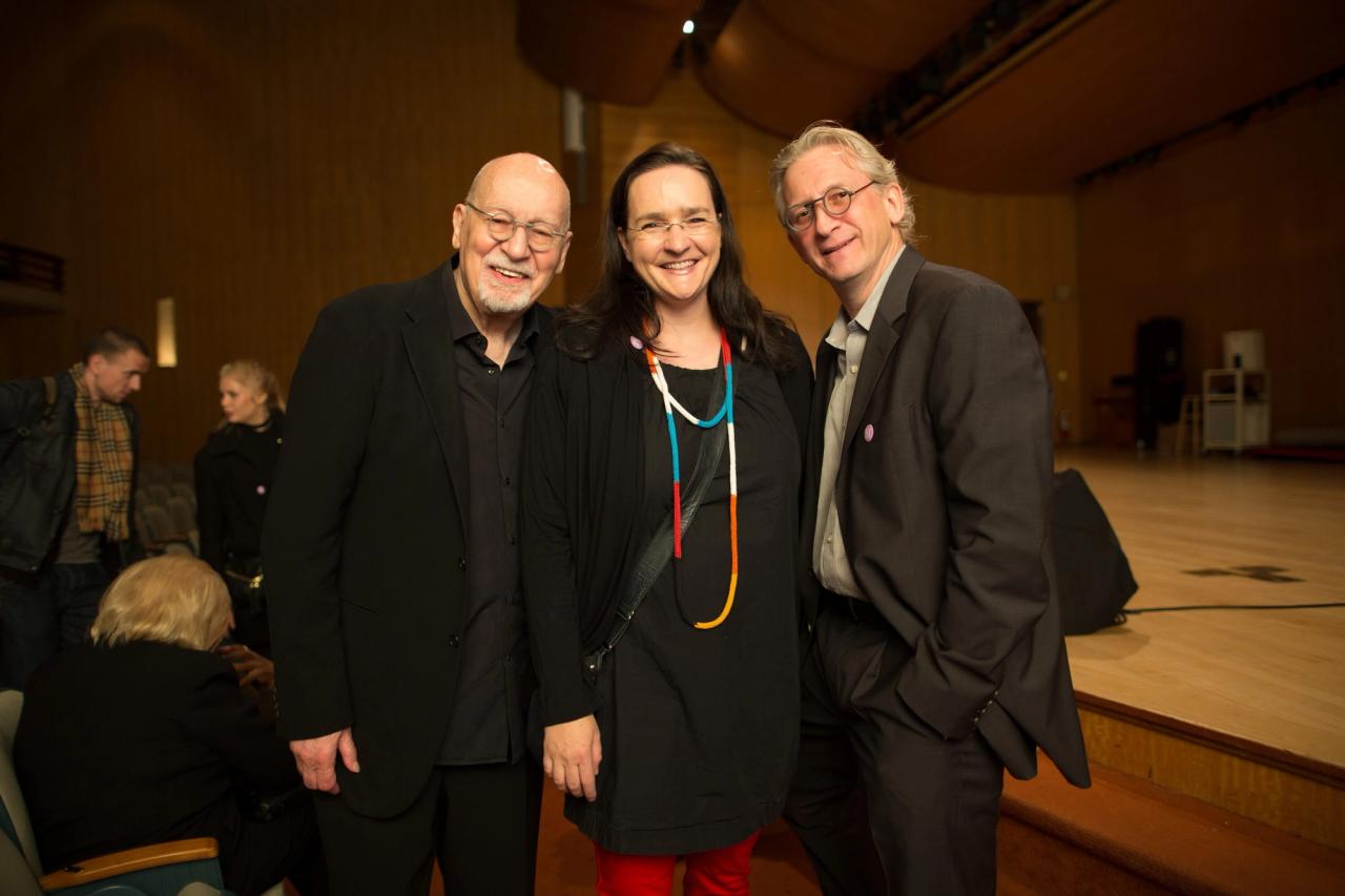 Eisenberg (center) with George Lois (left) and his son (right) at the 2012 Creative Mornings event at the Metropolitan Museum of Art. (Photo: Katherine Miles Jones.)