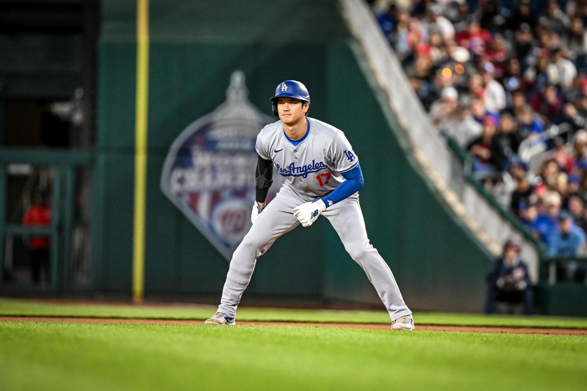 Shohei Ohtani on base for the Los Angeles Dodgers during a game against the Washington Nationals at Nationals Park in Washington, D.C. on April 24, 2024.