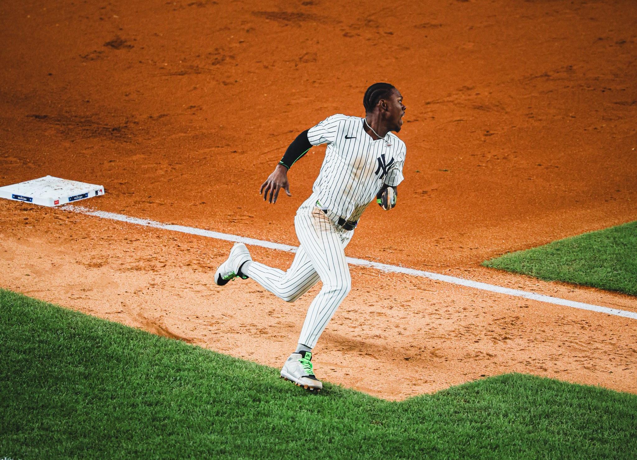 Jazz Chisholm Jr. rounds third base in Wednesday’s game. Shared by the New York Yankees.