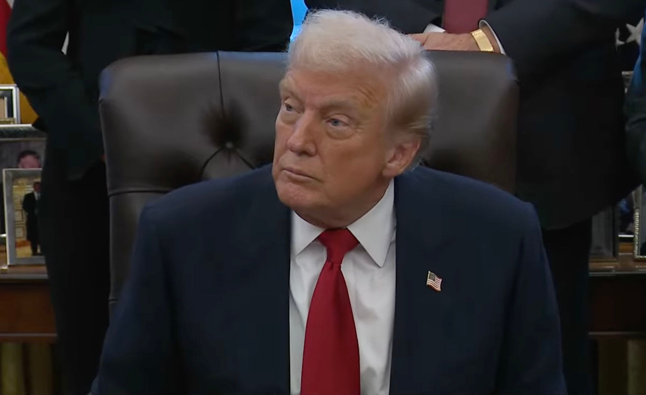 Trump fields questions from the media regarding tariffs at a recent swearing-in ceremony for the ambassador to the Republic of India.