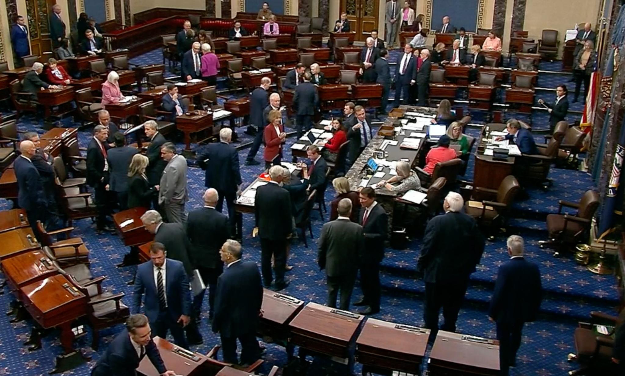 Senators discuss the continuing resolution during yesterday’s floor session.