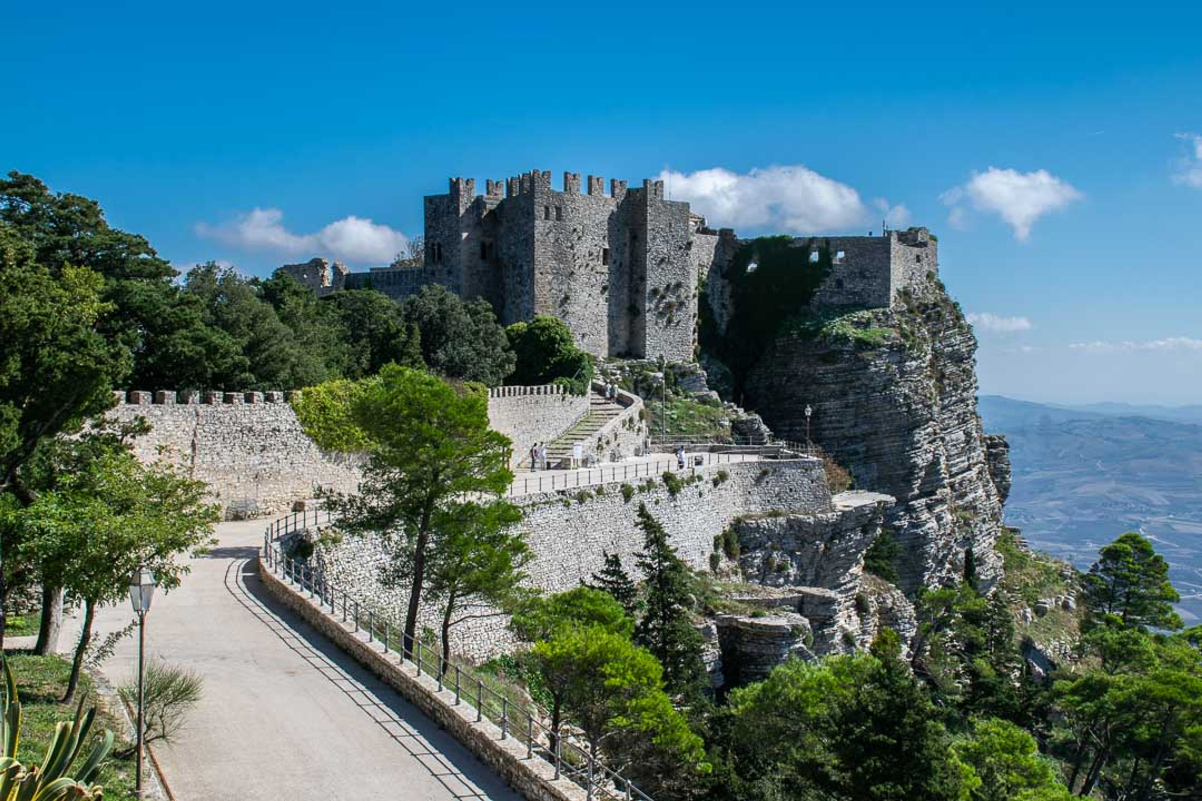 a large castle is sitting on top of a hill surrounded by trees .