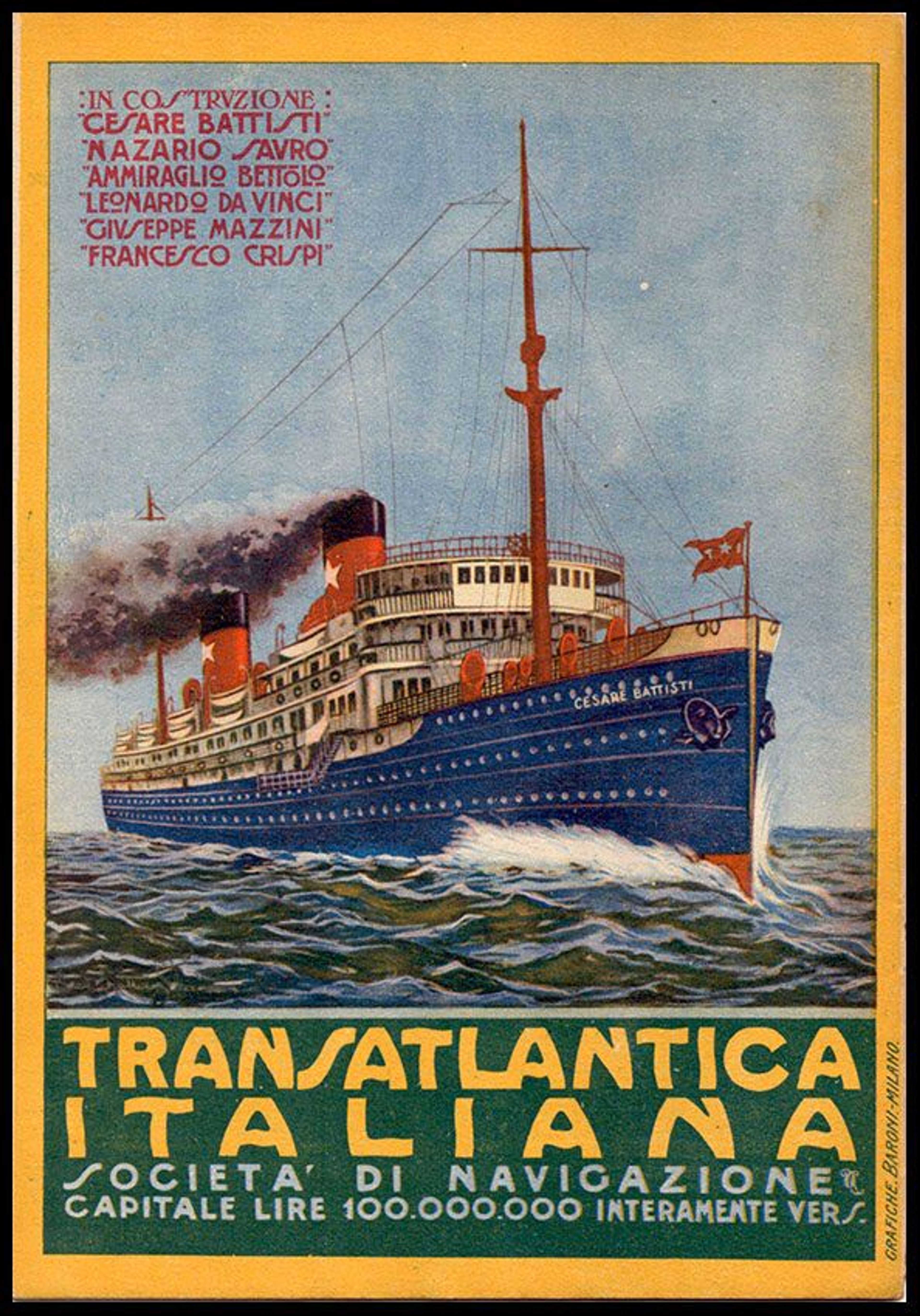a poster for "Transatlantica Italiana" shows a large ship in the ocean