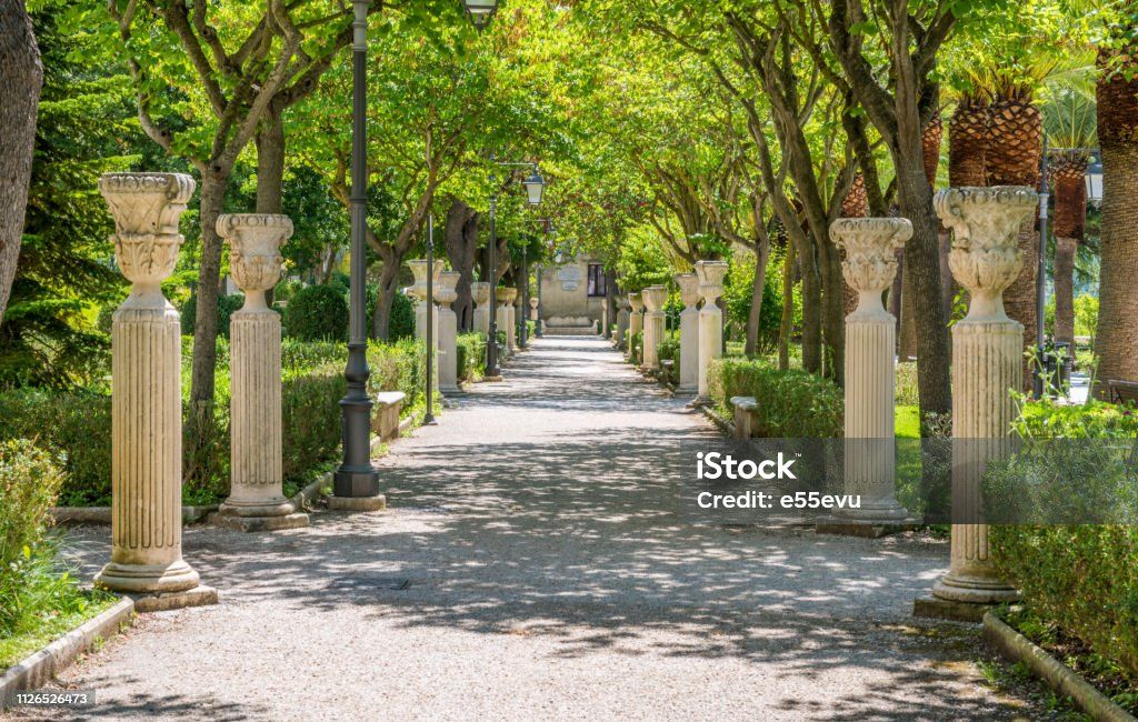 a row of columns and vases in a park .
