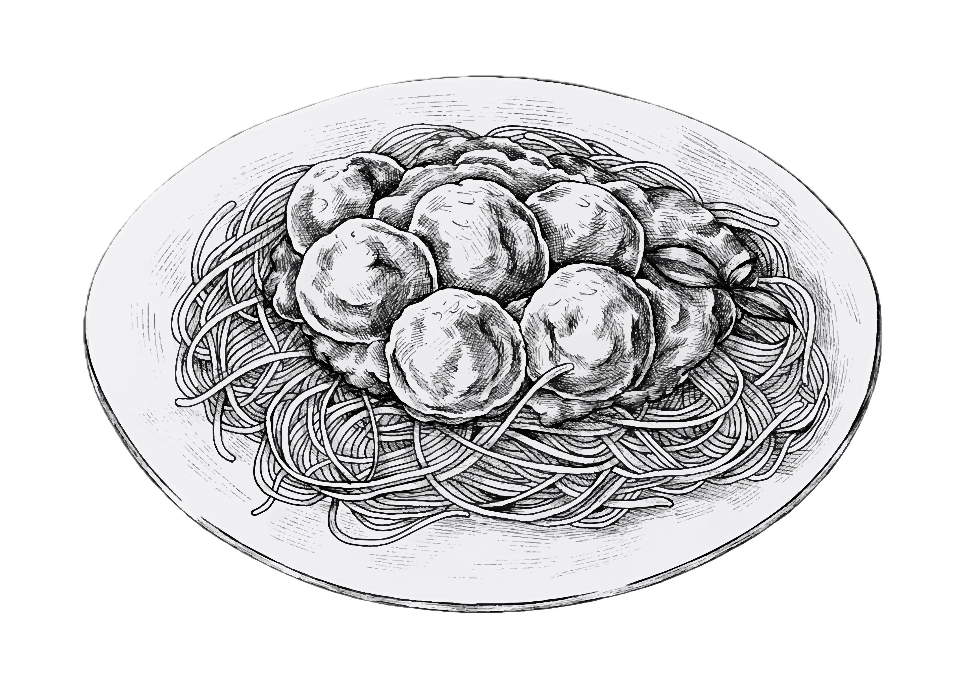 Black and white illustration of spaghetti and meatballs on a plate.