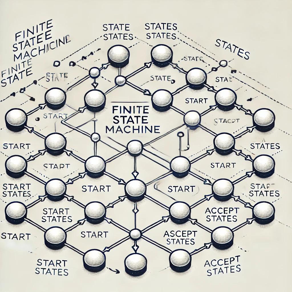 An illustration of an FSM with nodes representing states and directed arrows showing transitions, labeled clearly for educational purposes.