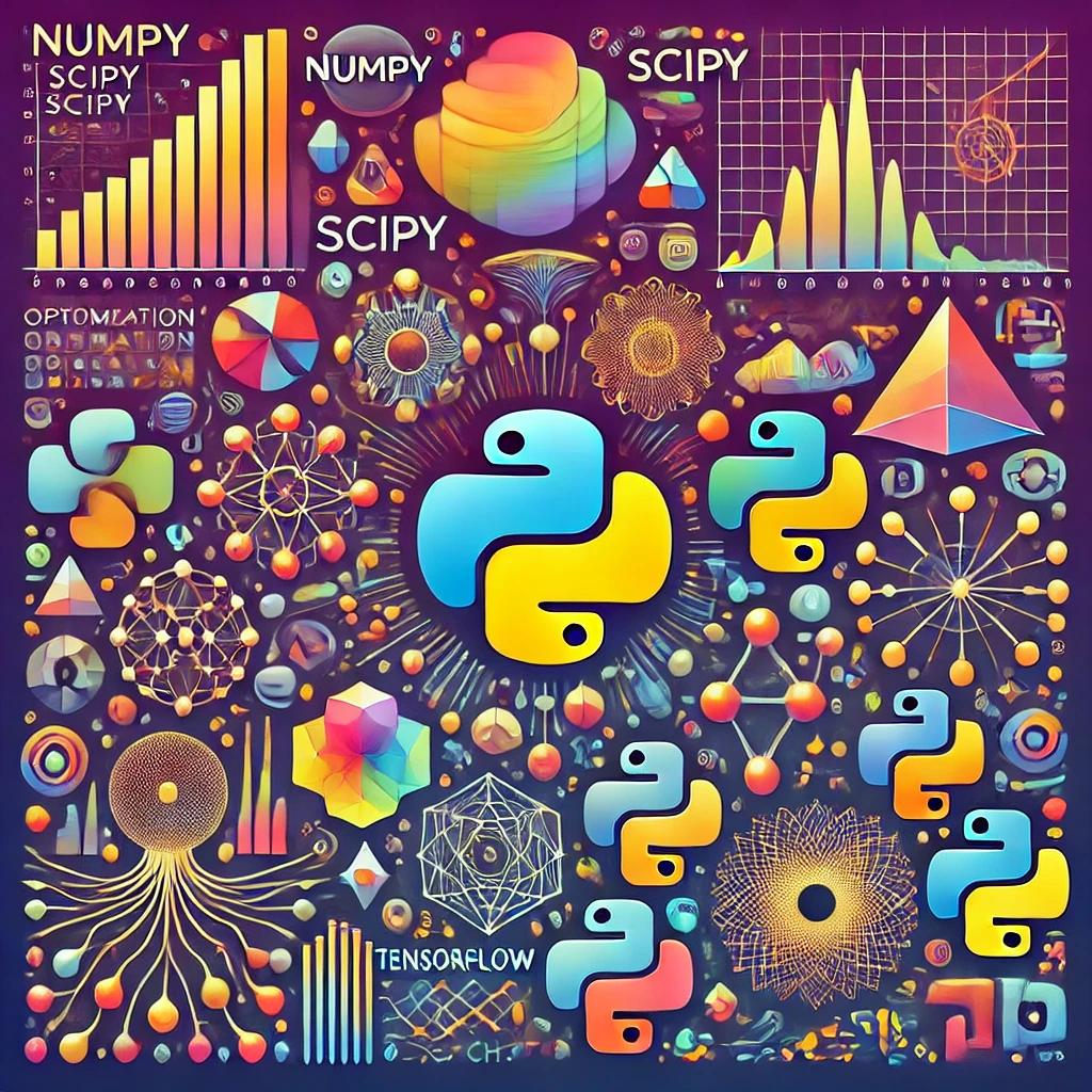 An illustration of popular numerical computing libraries, including NumPy, SciPy, TensorFlow, and PyTorch. Each library is represented by its logo or icon, surrounded by visual elements like data arrays, optimization graphs, and neural networks. The vibrant background emphasizes the significance of these libraries in AI/ML projects.