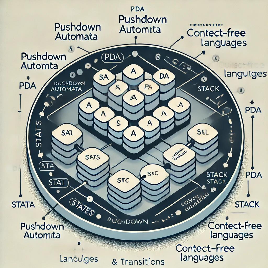  A diagram of a PDA showcasing how it manages context-free languages with a stack structure, detailed and suitable for textbooks.