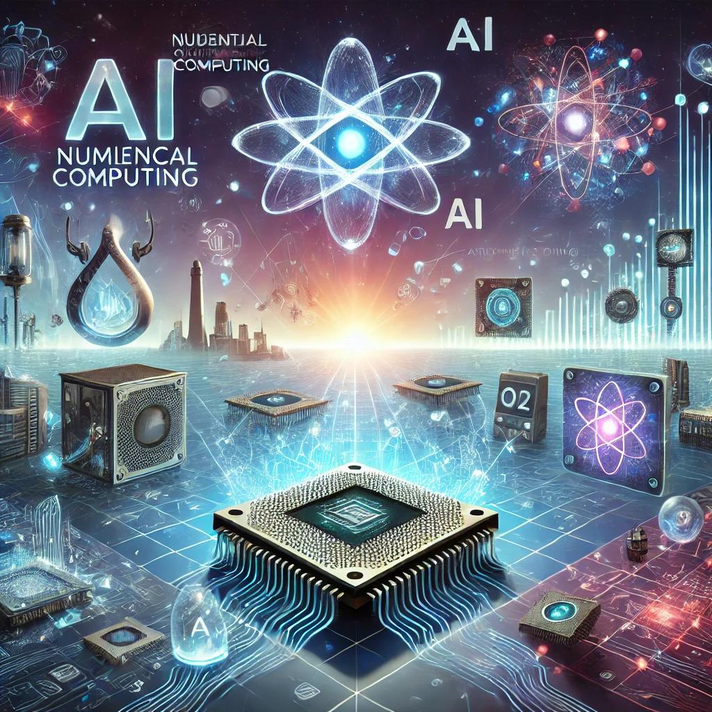 An illustration of the future of numerical computing in AI, featuring quantum computing, AI-driven automation, and advancements in algorithm design. The scene includes futuristic quantum processors, automated coding tools, and evolving algorithms, set against a bright and innovative digital landscape, symbolizing the potential evolution of numerical computing in AI development.